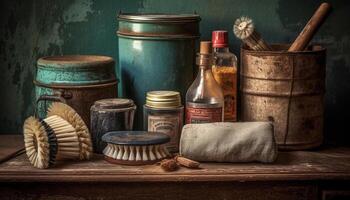 A rustic wooden table with a collection of homemade spices generated by AI photo