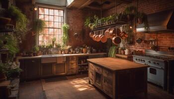 Modern rustic kitchen design with elegant marble island and brick wall generated by AI photo