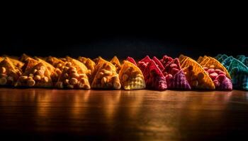 A gourmet snack arrangement in a row on wooden table generated by AI photo