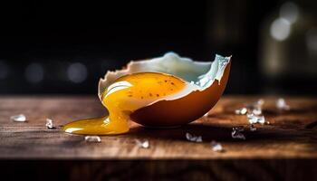 Fresh organic egg yolk in rustic wooden bowl for cooking generated by AI photo