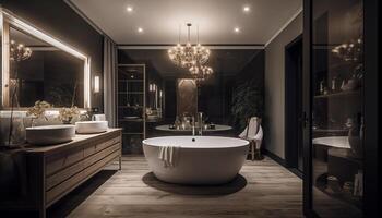 moderno lujo baño con elegante diseño, amplio iluminado espacio, y belleza generado por ai foto