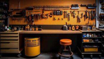 Inside the modern workshop, a collection of woodworking equipment and tools generated by AI photo