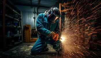 Skilled metal worker welds steel with protective equipment indoors generated by AI photo