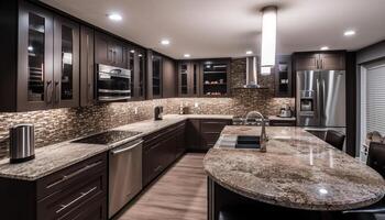 Modern kitchen design with luxury appliances, elegant marble and lighting generated by AI photo