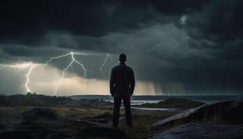 Standing on cliff, businessman holds copy space, forecasting success generated by AI photo