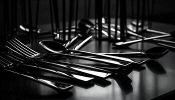 Shiny silverware in a row, empty kitchen, modern equipment generated by AI photo