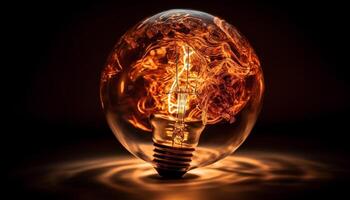 Antique tungsten filament illuminates glowing glass bulb for efficient lighting generated by AI photo