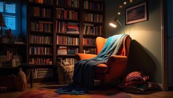 Cozy modern living room with bookshelf, sofa, and electric lamp generated by AI photo