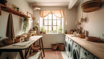 Rustic elegance in old fashioned loft apartment with clean kitchen and chair generated by AI photo