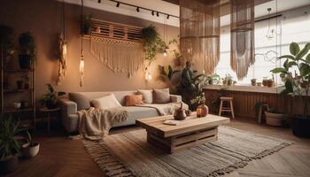 moderno lujo vivo habitación con acogedor rústico elementos y naturaleza inspirado decoración generado por ai foto