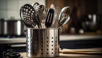 brillante plata cocina utensilios conjunto en de madera mesa, todavía vida generado por ai foto
