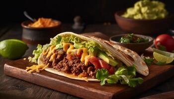 Freshly grilled beef taco with guacamole, cilantro, and cheddar cheese generated by AI photo