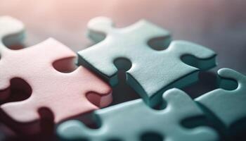 Success in teamwork connecting ideas, solving puzzles with jigsaw pieces generated by AI photo