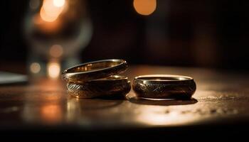 A newlywed pair celebrates love with gold colored wedding rings generated by AI photo