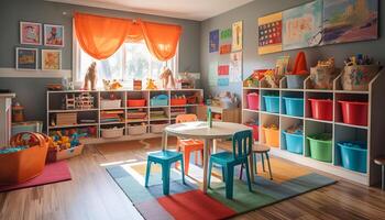 Colorful playroom with toys and books for preschool age children generated by AI photo