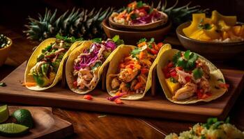 Grilled beef taco with guacamole, cilantro, and fresh tomato salsa generated by AI photo