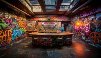 Abandoned nightclub showcases modern graffiti design on multi colored walls generated by AI photo