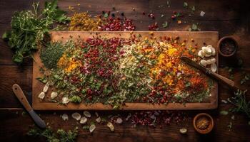 Fresh organic salad with ripe fruit and vegetables on rustic table generated by AI photo