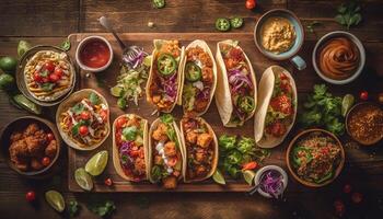 Grilled beef taco with guacamole, fresh cilantro, and spicy jalapeno generated by AI photo