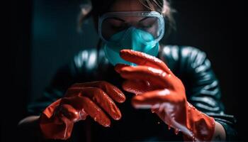 One adult scientist inhaling liquid bacterium wearing protective workwear generated by AI photo