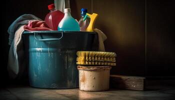 Clean up dirty crockery with dishwashing liquid and plastic towel generated by AI photo