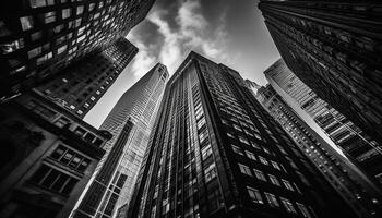 Modern skyscraper facade reflects futuristic cityscape in black and white generated by AI photo