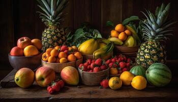 un vistoso todavía vida de maduro Fruta en un de madera mesa generado por ai foto