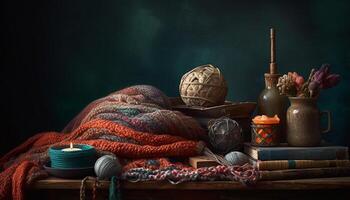 Woven wool decoration on rustic table, antique spools in background generated by AI photo