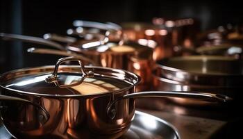 Shiny stainless steel saucepan on stove top for cooking meal generated by AI photo