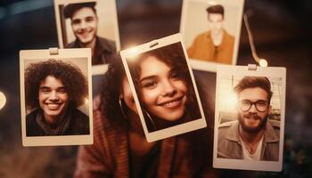 un grupo de alegre joven adultos sonriente para un selfie generado por ai foto