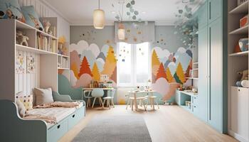 un cómodo, moderno dormitorio con brillante decoración y linda juguetes generado por ai foto