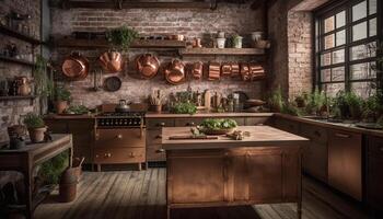 Modern rustic kitchen design with luxury appliances and hardwood flooring generated by AI photo