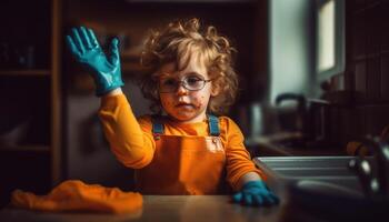 uno linda chico con rubio pelo disfruta horneando en cocina generado por ai foto