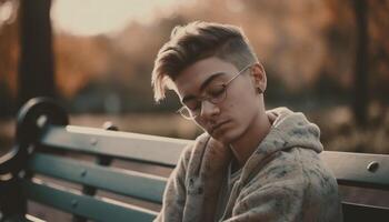 Confident young man in casual clothing enjoys solitude outdoors generated by AI photo