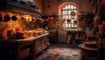 Rustic pottery and earthenware adorn the homemade kitchen shelf generated by AI photo