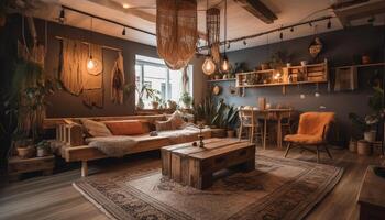 Modern rustic loft apartment with comfortable armchair and elegant decor generated by AI photo