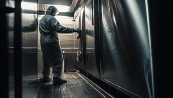 One businessman walking through modern factory, reflecting on steel industry generated by AI photo