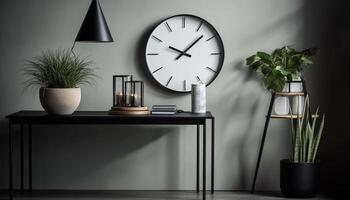 Modern office space with elegant design, old fashioned clock tells time generated by AI photo