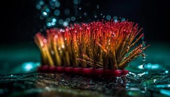 A glowing, multi colored flower head illuminated underwater with dew drops generated by AI photo