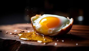 Fried egg on rustic wood plate, a healthy gourmet meal generated by AI photo