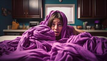 One young adult woman smiling, hiding under purple bedding for relaxation generated by AI photo