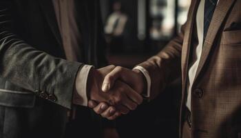 Successful business partnership formed through a professional handshake agreement generated by AI photo