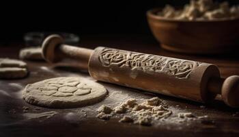 hecho en casa Mantecada Galleta masa en rústico de madera mesa, gastrónomo bocadillo generado por ai foto