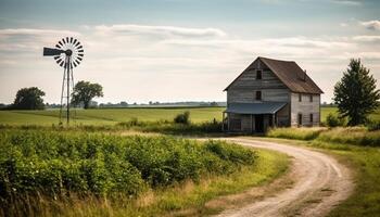 An old windmill stands tall in a tranquil rural landscape generated by AI photo