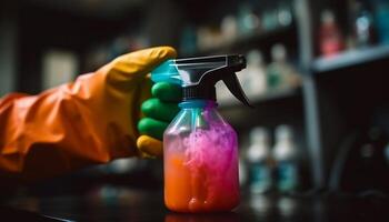 One person spraying cleaning product with protective glove in kitchen generated by AI photo