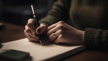 One person sitting at desk, studying, holding pencil and paper generated by AI photo