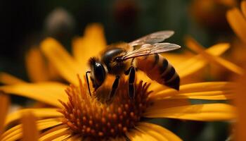 The busy honey bee collects pollen from a single flower generated by AI photo