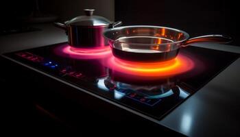 Stainless steel stove top burner ignites blue flame for cooking generated by AI photo