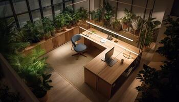 moderno oficina diseño con naturaleza inspirado decoración y cómodo asientos generado por ai foto