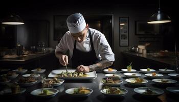 One man, expertly preparing gourmet meal in commercial kitchen generated by AI photo